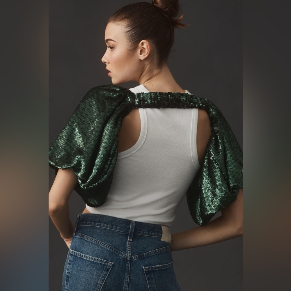 ✨ NWOT Anthropologie Emerald Sequin Sleeves - Picture 3 of 8